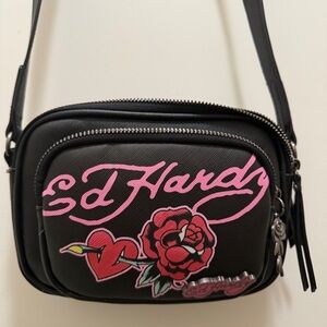 Ed Hardy Black Crossbody Bag with Pink Rose Design